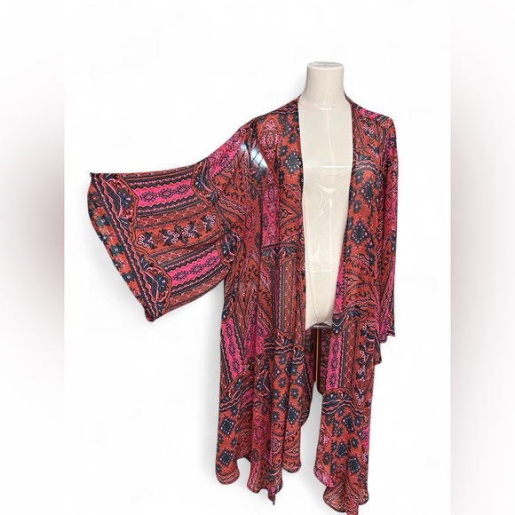 Torrid Boho Tribal Kimono Duster Pink Rust Print Size 5 (5x) - Picture 5 of 12